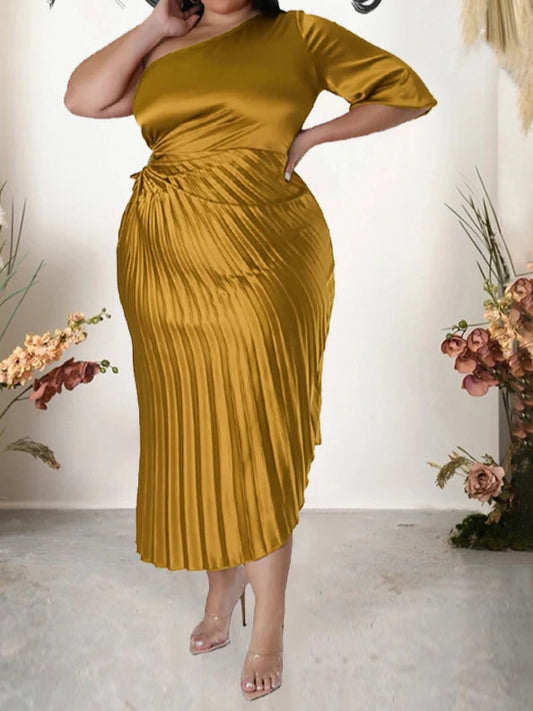 One Side Shoulder Dress Women Pleated Sexy Long Dress for Plus Size Women