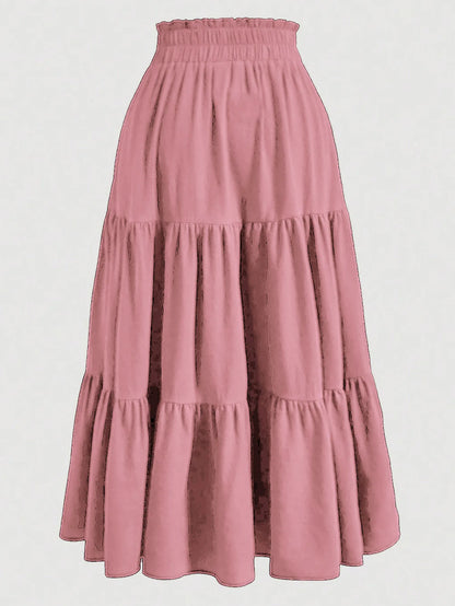 Women's Patchwork Solid Color Loose Skirt; Commuting Casual Cake Skirt; Elastic Waist Elegant Skirt