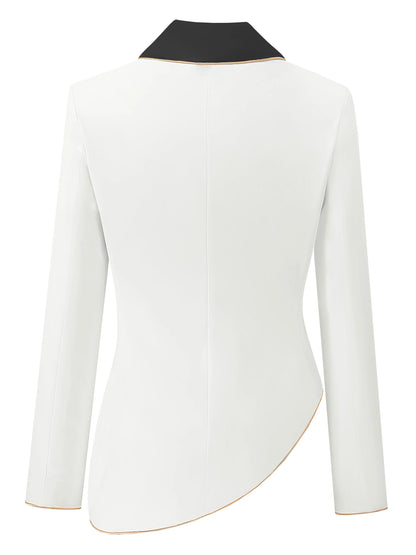 Elegant Asymmetrical White Blazer with Black Contrast Lapels