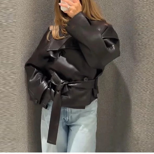 Street Belted Cropped Leather Jackets Women Stand Collar Double Breasted Outwear