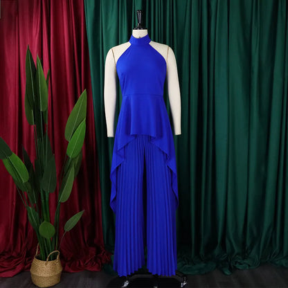 Elegant Two Piece Set Women Outfit Backless Top Hundred Pleated Wide Leg Pants Trousers Suit Summer Office Lady Suit