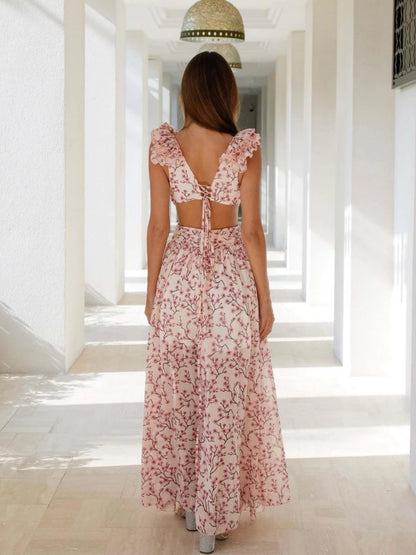 Ruffle Floral Split Vacation Party Beach Dress