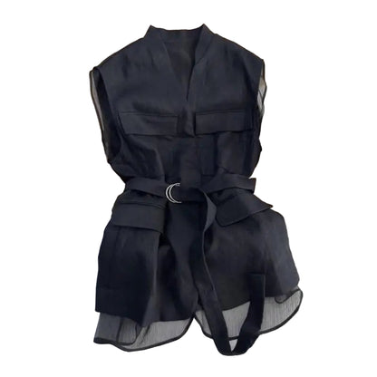 Black Blouse Sleeveless Vest Tops for Women Mesh Patchwork Shirt