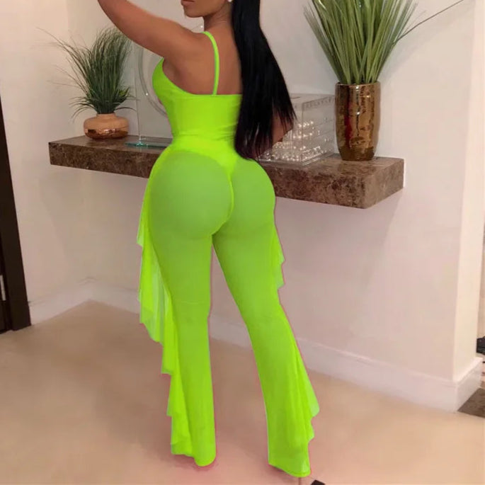 Hollow Out 2 Pieces Set for Woman Mesh See Through Bodysuit Top and Ruffles Pants Swimsuit Outfit