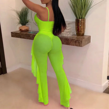 Hollow Out 2 Pieces Set for Woman Mesh See Through Bodysuit Top and Ruffles Pants Swimsuit Outfit