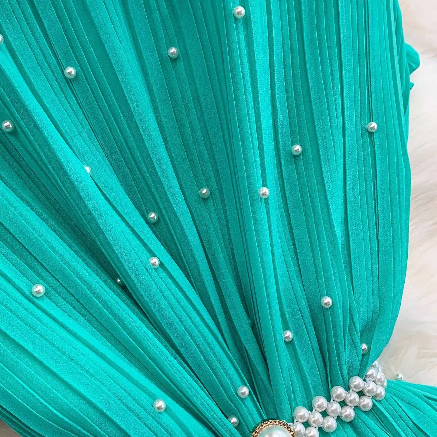 Summer Luxury Pearls Long Chiffon Dress For Women Loose Big Size Short Sleeve Crystal Birthday Evening Midi Pleated Dresses