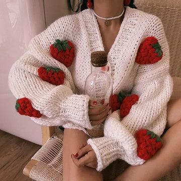 Large Size Women Sweater Puff Sleeve Strawberry Sweet Full Cardigans Loose Girls Sweater