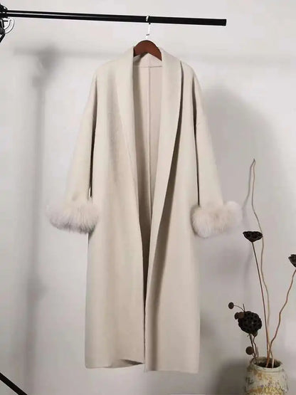 Women Overcoats Fur Patchwork Long Sleeve Woolen Coat
