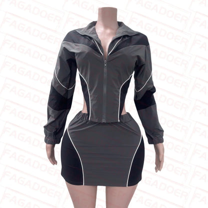 Color Block Two Piece Set For Women Casual Zip Lantern Sleeve Irregular Crop Jacket + High Waist Skirts Suit
