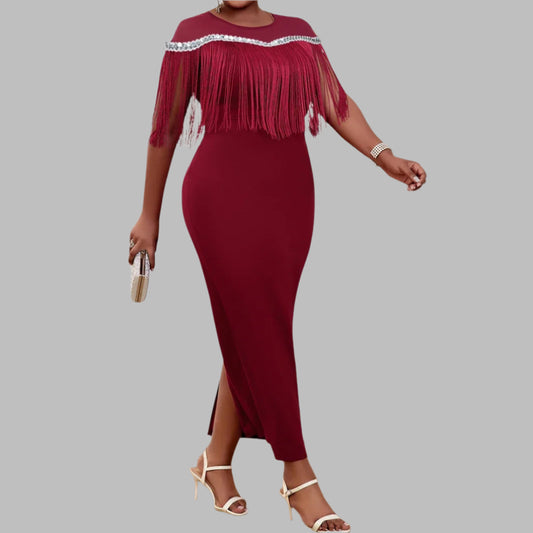 Women Vintage Wine Fringe Patchwork Dress O Neck Tulle High Waist Slim Formal Evening Dress Party Wedding  Prom Maxi Gowns