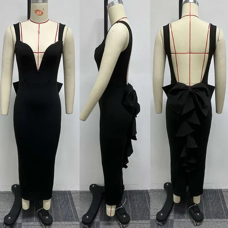Sexy Plunging V-neck Backless Bowknot Ruffles Bodycon Midi Dresses for Women Party Night Elegant Club Celebrity Prom Dress