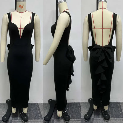 Sexy Plunging V-neck Backless Bowknot Ruffles Bodycon Midi Dresses for Women Party Night Elegant Club Celebrity Prom Dress