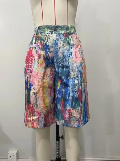 Women's Pockets Graffiti Shorts Hot Casual Summer Shorts Mid Waist Short