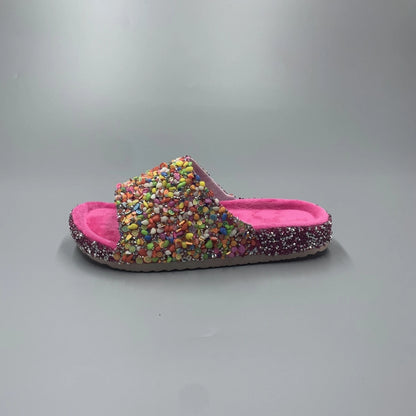 Rhinestone Embellished Women's Slippers - Durable PVC Soles Flat Slippers