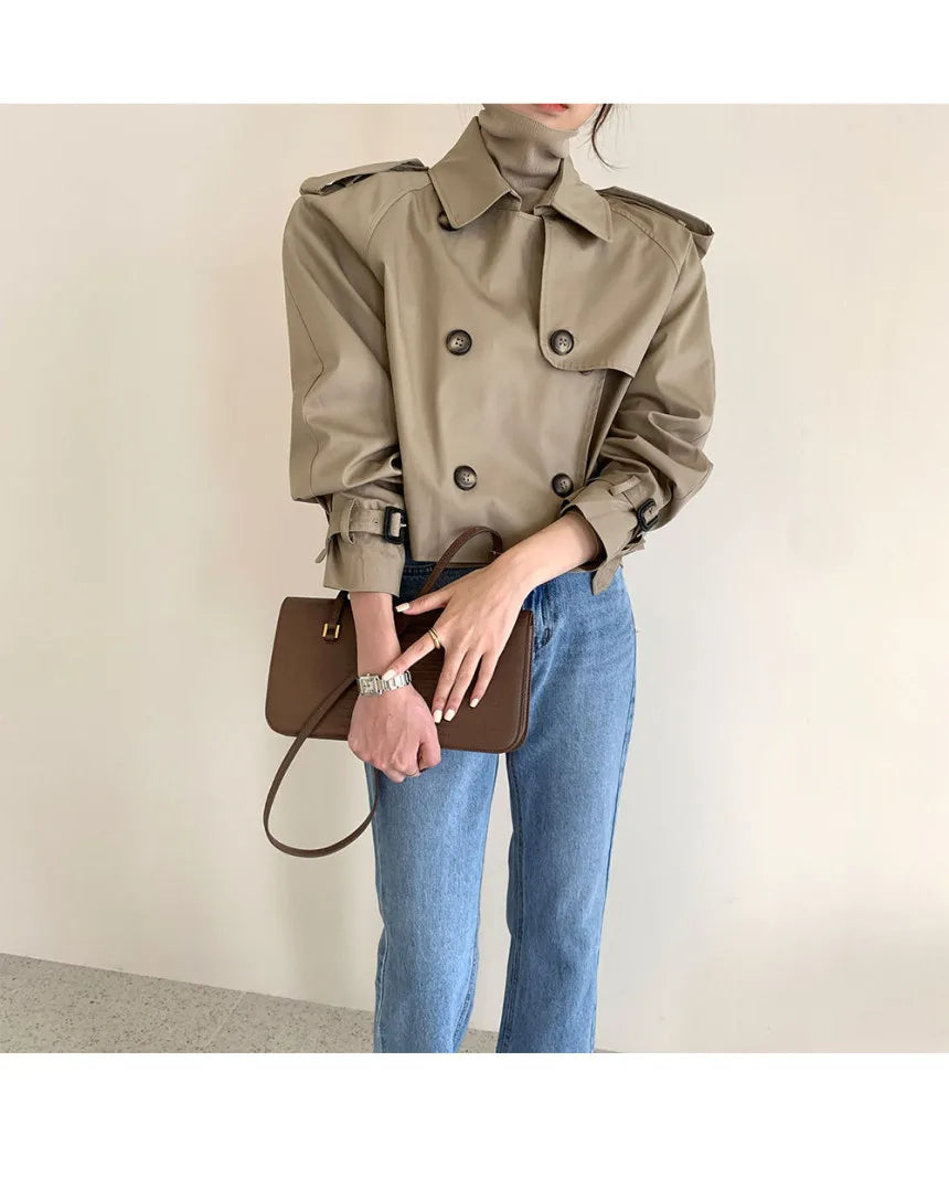 Vintage Double Breasted Crop Jacket Trench Jackets Women Loose Chic Windbreaker
