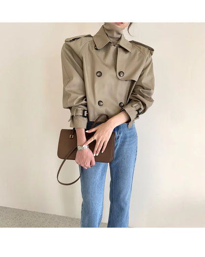 Vintage Double Breasted Crop Jacket Trench Jackets Women Loose Chic Windbreaker
