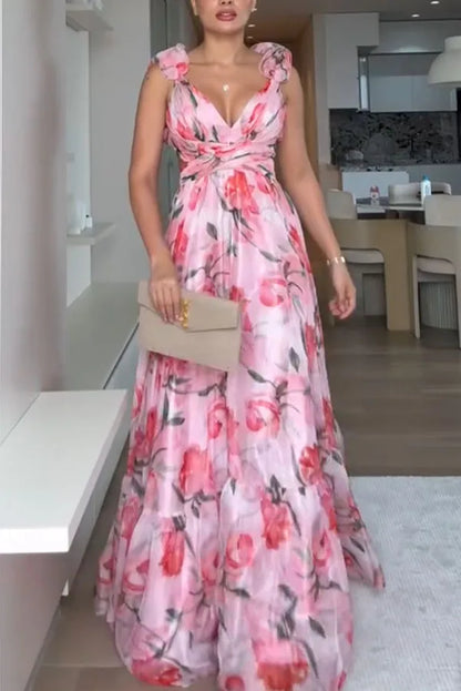 Women Chiffon Ruffle Edge Printing Maxi Dress V Neck Pleated High Waist Ankle Length Dress