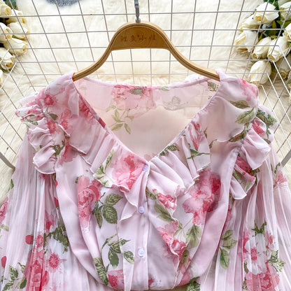 Floral Print Loose Shirt Women Lantern Sleeve V Neck Thin Causal Ruffle Blouse