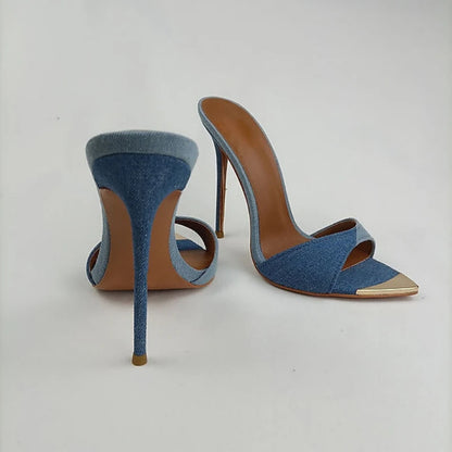 Denim Women Slippers Metal Decoration Pointed Toe Mules Shoes Super-high Heel Sandals
