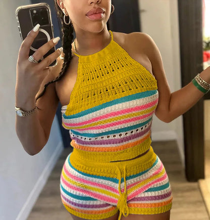 Striped Hollow Out Top & Drawstring Shorts Set Women Two Piece Set Y2k Club Beach Vest Halter Tops Elastic Waist Summer outfit