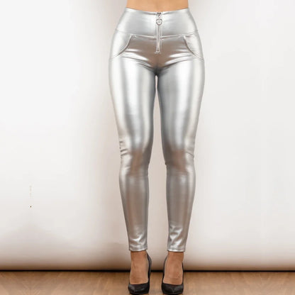 Glossy Pants High-Waisted Metallic Leather Leggings Scrunch Butt Pants for Women