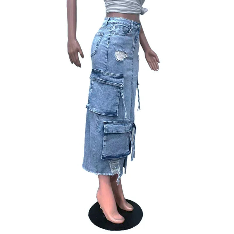 Women's High Split Ripped Denim Maxi Skirt Jeans Cargo Skirt Y2k