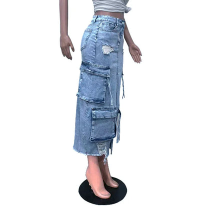 Women's High Split Ripped Denim Maxi Skirt Jeans Cargo Skirt Y2k