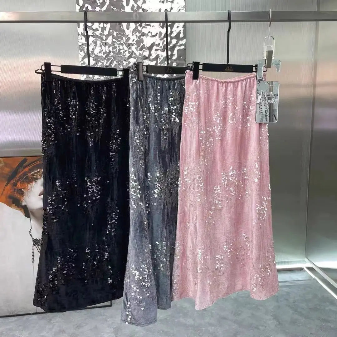 French Velvet Fishtail Skirt Sequin Beaded Embroidery Skirt