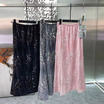 French Velvet Fishtail Skirt Sequin Beaded Embroidery Skirt