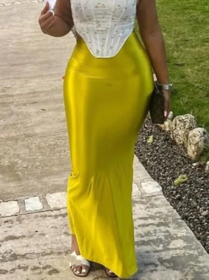 Shiny High Waist Hip Skirt Sexy Side Slit Bodycon Maxi Skirts Club Bottoms