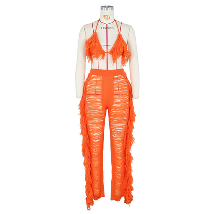 Tassel Knitted Pants Two Piece Set Resort Outfit Vacation Outfit Beach Cover Up