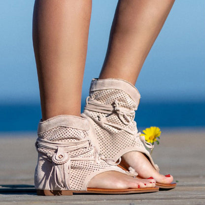 Sandals for Women Retro Bohemian Tassel Roman Beach Shoes Summer Clip Toe Gladiator Sandals