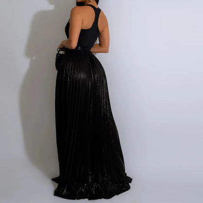 High Side Split Big Swing Pleated Floor Length Skirt High Waist Maxi Skirts