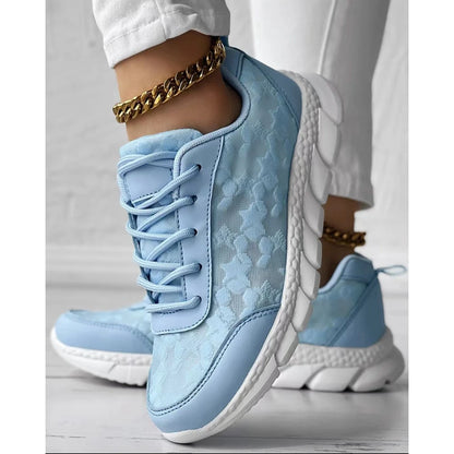 Women Star Pattern Lace-up Breathable Sneakers Daily Casual Round Toe White Sports Shoes Running Shoes