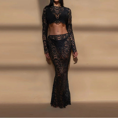 Summer Vacation See Through Crochet Top Women Set Hallow Out Flare Long Sleeve Skirts Set