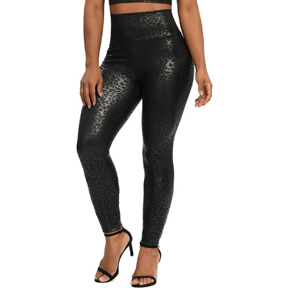 Leopard Faux Leather Pants Women High Waist PU Leggings Stretchy Slim Pencil Pants