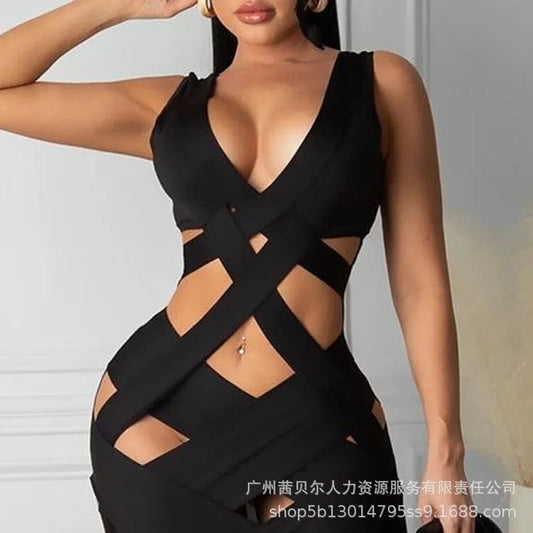Sleeveless Tight Dress Hollow Out Sheath Mini Y2K Black Sexy Bodycon Dress Club Dress