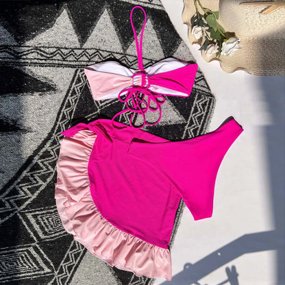 Hot Pink Patchwork Bikini Set 3 Piece Women Pleate Push Up Ruffles Skirt Swimsuit Bathing Suit High Waist Swimwear Beachwear