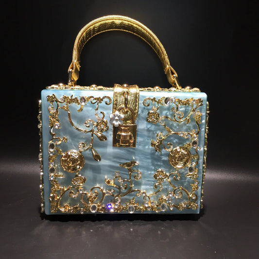 High-Grade Crystal Evening Bag Female New Hollow Out Metal Carved Flower Diamond Handbag