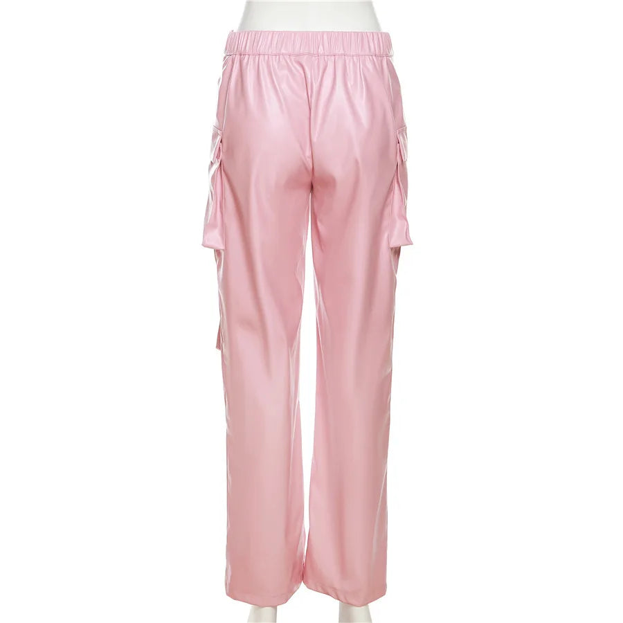 Pink Cargo Pants for Women 2024 Spring Straight Leg Solid Multi-Pocket Pants