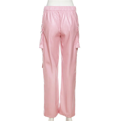 Pink Cargo Pants for Women 2024 Spring Straight Leg Solid Multi-Pocket Pants