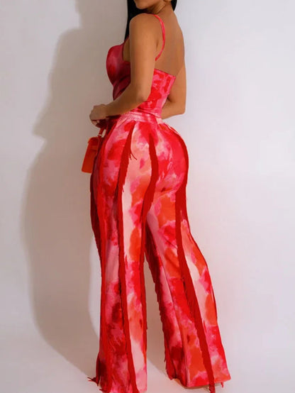 Tie Dye Printing Two Piece Set for Women Pant Sets Birthday Outfits Clubwear Bodysuit Top and Fringe Tassel Pants Matching Sets
