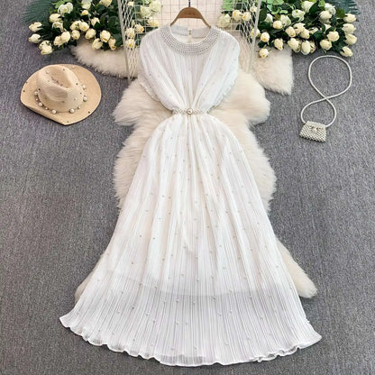 Summer Luxury Pearls Long Chiffon Dress For Women Loose Big Size Short Sleeve Crystal Birthday Evening Midi Pleated Dresses