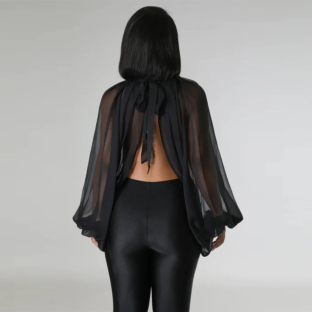 Womens Chiffon Blouse Sexy See Through Lantern Sleeve Front Back Open High Neck Blouses Tops