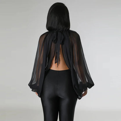 Womens Chiffon Blouse Sexy See Through Lantern Sleeve Front Back Open High Neck Blouses Tops