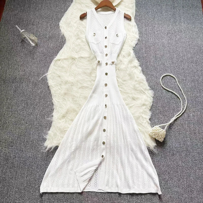 Casual Knitting Long Dress Women Buttons V Neck Hook Flower Hollow Out Chic Maxi Long Dress