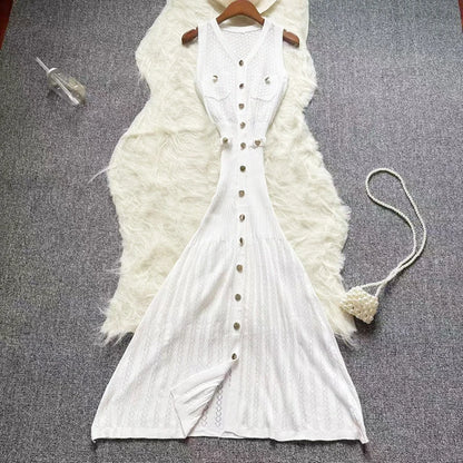 Casual Knitting Long Dress Women Buttons V Neck Hook Flower Hollow Out Chic Maxi Long Dress