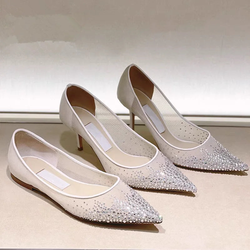 Mesh Pointed Shallow Mouth Sexy Pump Heels Stiletto Shoes Bridal Shoes
