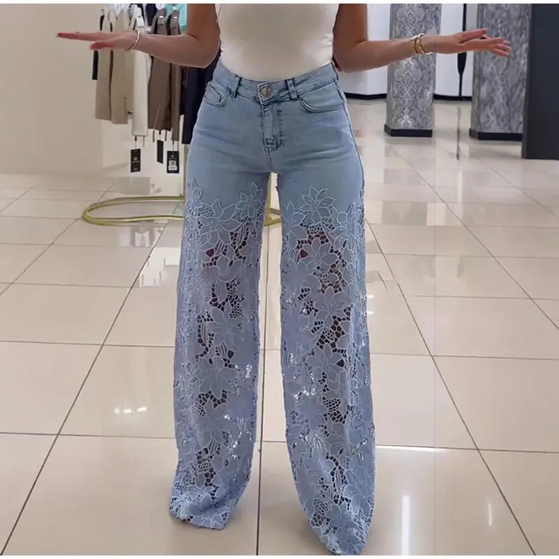 Urban Crochet Denim Women Pants Hollow Out Zippers Pocket Button Female Trousers