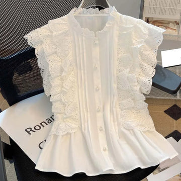 Flying Sleeve White Shirts Vintage Sleeveless Ruffled Lace Blouse for Woman